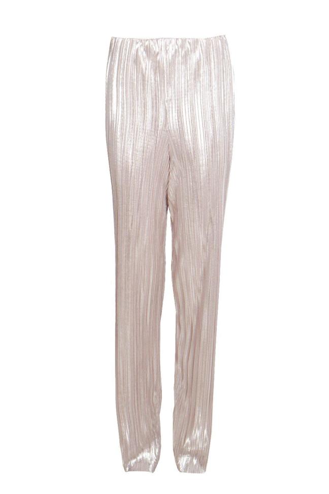 Lua Metallic Pleated Wide Leg Trousers. Only £18 from Boohoo. Put this with a simple black sleeveless crop top and a long gold chain. Stay warm with black biker jacket and black heels.